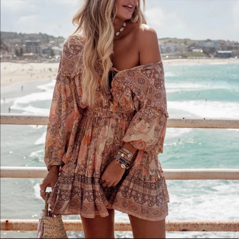 Gypsy Boho Festival Floral Mini Long Sleeve Dress - Picture 2 of 12